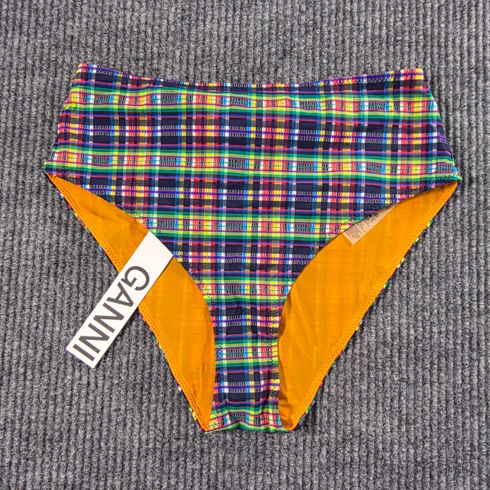 Ganni Multicolor Plaid High Waisted Ruched Bikini Bottoms Size 34 NEW